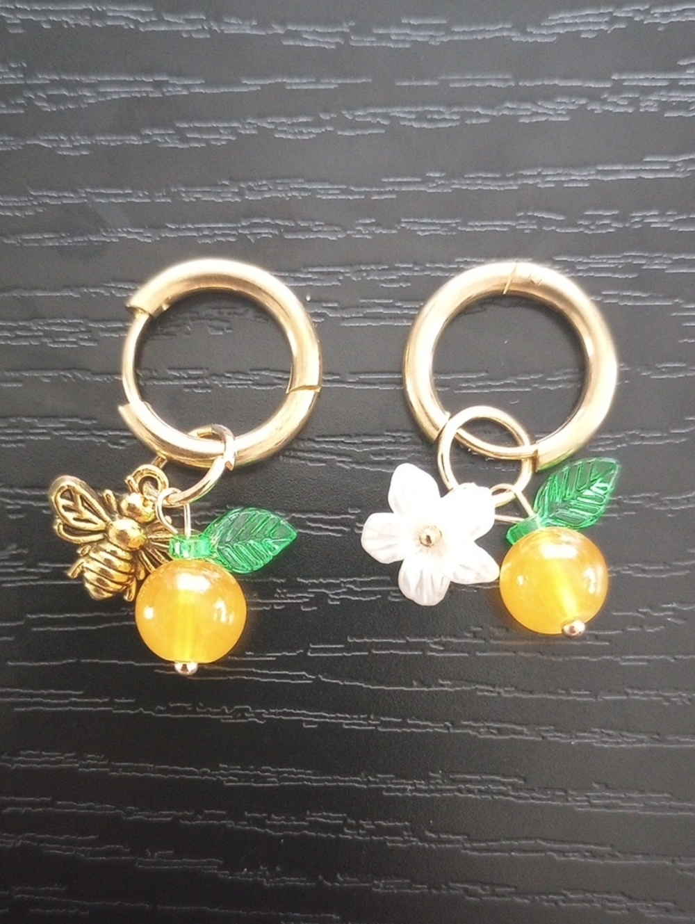 Orange Fruit Bee Floral Golden Hoop Dangle Earrings With Green Leaves